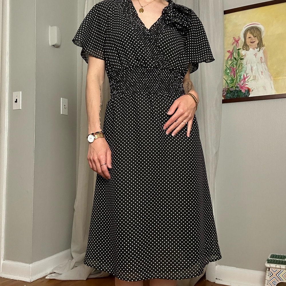 DownEast Black and White Polka Dot Flutter Sleeve Midi Dress - Picture 2 of 8